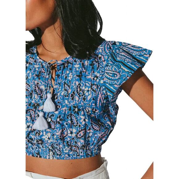 NWT Cleobella Alice Blouse Crop Top Blue Floral Paisley Ruffle Button Ta… - Picture 8 of 8